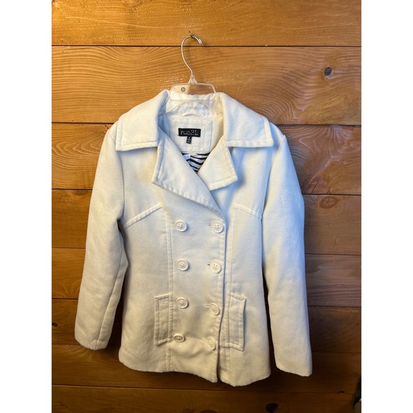 Rue21 White Wool Blend Pea Coat Jacket Medium Zebra Print Lined Cute Winter Warm - Picture 1 of 8
